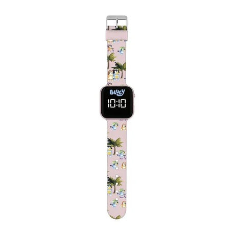 Bluey LED watch showing full printed pink silicone strap with Bluey, Bingo and palm tree character print design