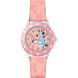 Close view of the Bluey Pink Time Teacher Watch showing Bluey and Bingo character artwork, easy read numbers and minute markings
