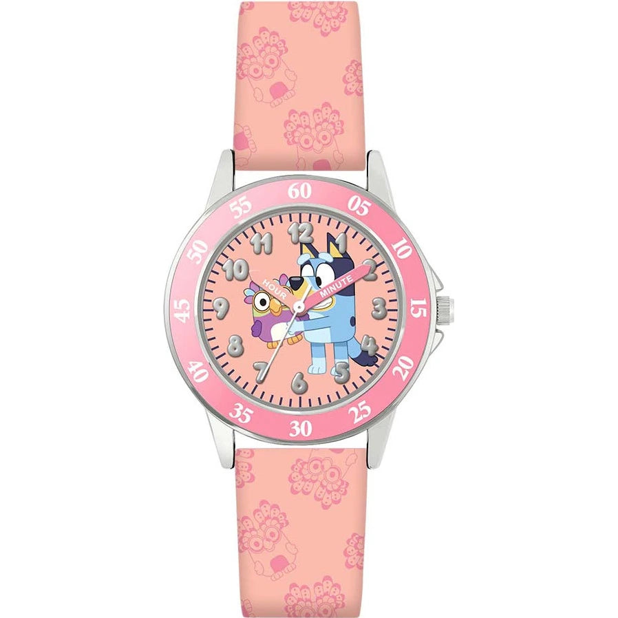 Close view of the Bluey Pink Time Teacher Watch showing Bluey and Bingo character artwork, easy read numbers and minute markings