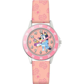 Close view of the Bluey Pink Time Teacher Watch showing Bluey and Bingo character artwork, easy read numbers and minute markings