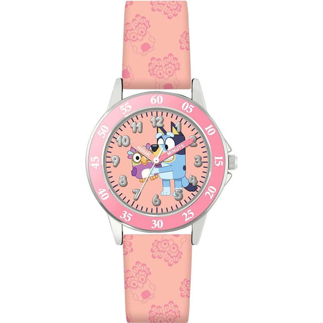 Close view of the Bluey Pink Time Teacher Watch showing Bluey and Bingo character artwork, easy read numbers and minute markings