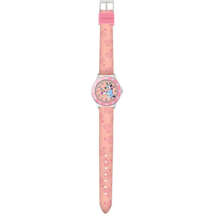 Bluey Pink Time Teacher Watch full view with pink printed strap, round analogue dial and buckle fastening
