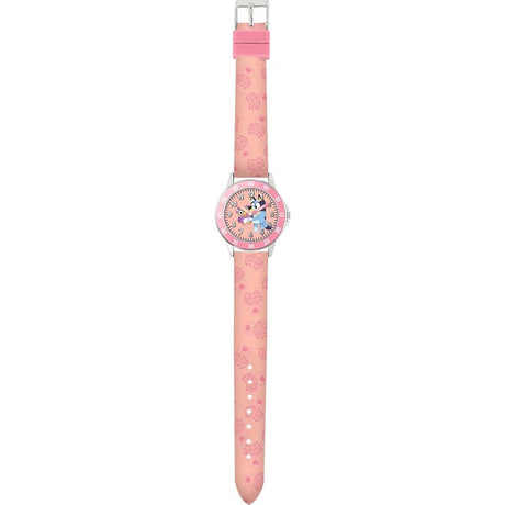 Bluey Pink Time Teacher Watch full view with pink printed strap, round analogue dial and buckle fastening