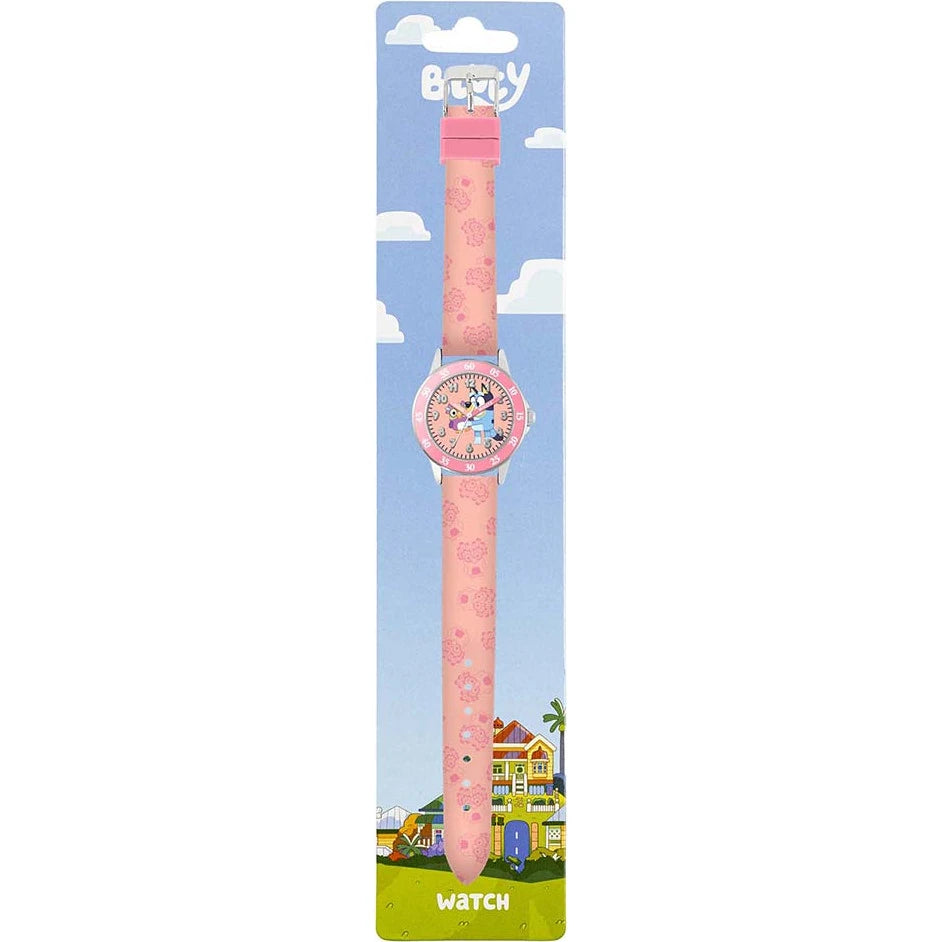 Bluey Pink Time Teacher Watch displayed on official Bluey retail packaging with pink strap and character dial