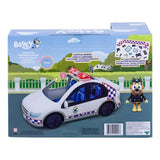 Back of Bluey Police Car box with vehicle, Bluey Policeman figure and sticker sheet shown