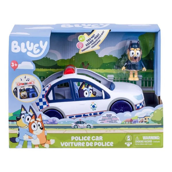 Front of Bluey Police Car packaging with vehicle, Policeman figure and 3+ warning