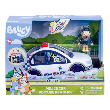 Front of Bluey Police Car packaging with vehicle, Policeman figure and 3+ warning