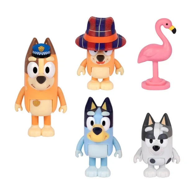 Bluey Sleepover figure set showing Chilli in a police hat, Bingo in a checked hat and moustache, Bluey, Muffin and a pink lawn flamingo, arranged on a white background.