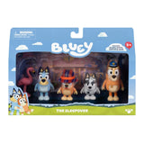 Bluey The Sleepover 4 Pack in blue retail packaging showing Bluey, Bingo wearing a checked hat, Muffin, Chilli wearing a police hat and a pink flamingo accessory.
