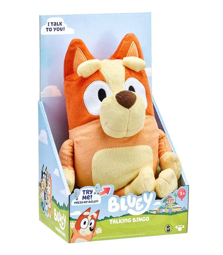 Bluey Talking Bingo plush toy in retail packaging with “Try Me” label – Ireland