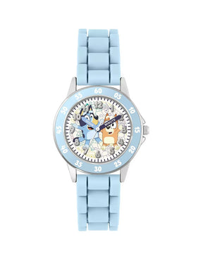 Bluey Time Teacher Watch close view showing Bluey and Bingo character artwork, easy read numbers and minute markings