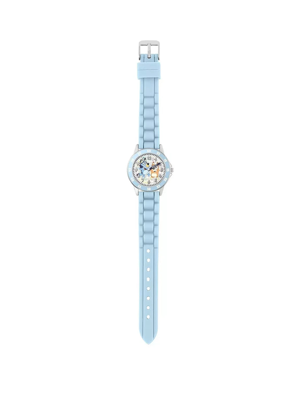 Bluey Time Teacher Watch full view with light blue strap, round analogue dial and Bluey character design