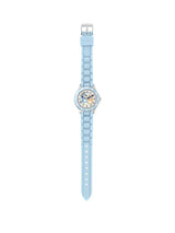 Bluey Time Teacher Watch full view with light blue strap, round analogue dial and Bluey character design