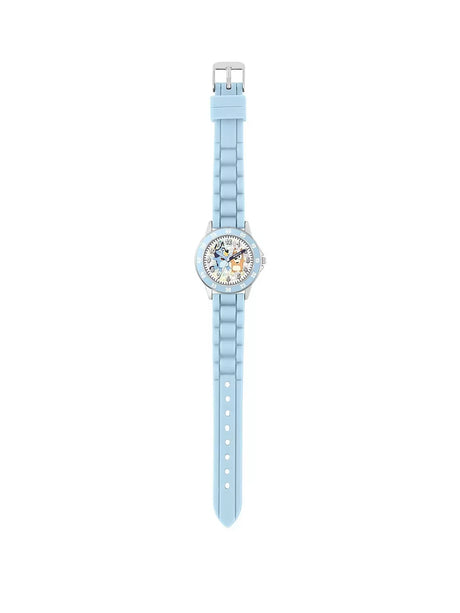 Bluey Time Teacher Watch full view with light blue strap, round analogue dial and Bluey character design