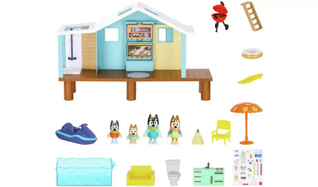 Bluey Beach Cabin playset parts and accessories laid out including family and pool – Ireland