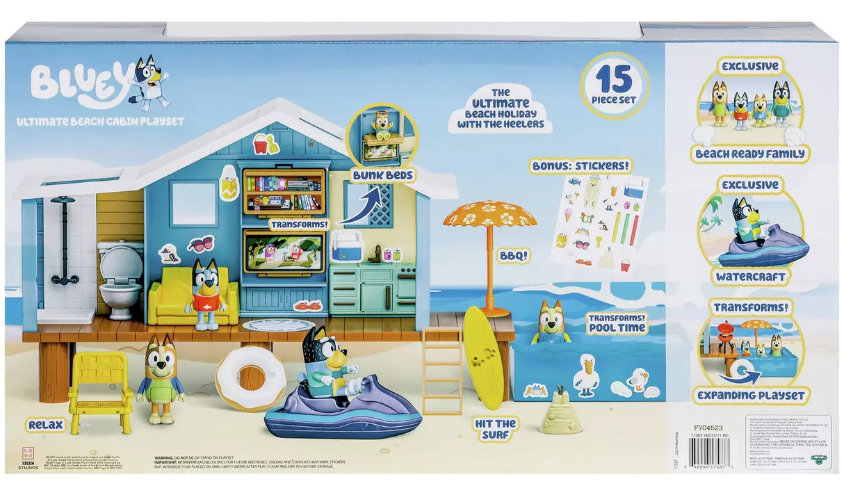 Retail packaging back view of Bluey Ultimate Beach Cabin playset showing features – Ireland