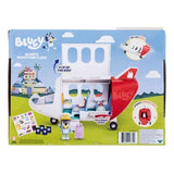 Back of Bluey's Adventure Plane packaging showing the jet with its roof open, passenger seating, folding wings, luggage compartment and travel accessories.