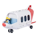 Bluey's Adventure Plane shown from the front with Pilot Bluey wearing a yellow pilot hat in the cockpit, white fuselage, red tail and black wheels.
