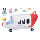 Bluey's Adventure Plane with Pilot Bluey figure, removable pilot hat, purple suitcase, camera, book, food accessories and travel bag displayed above the jet.