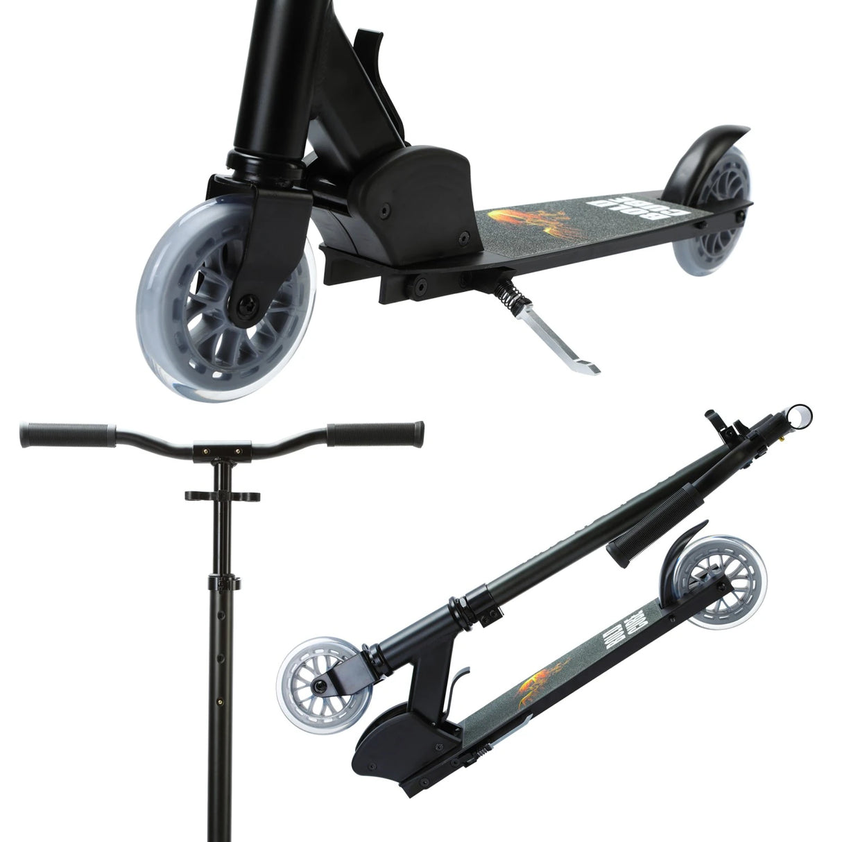 Boldcube Onyx Black scooter collage showing deck close up, handlebar view and folded scooter view