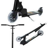 Boldcube Onyx Black scooter collage showing deck close up, handlebar view and folded scooter view