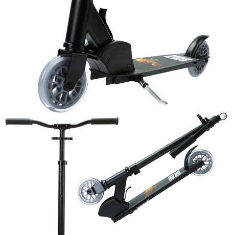 Boldcube Onyx Black scooter collage showing deck close up, handlebar view and folded scooter view