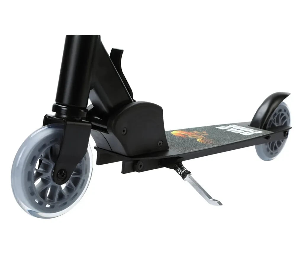 Boldcube Onyx Black scooter close up showing deck, front wheel and brake area