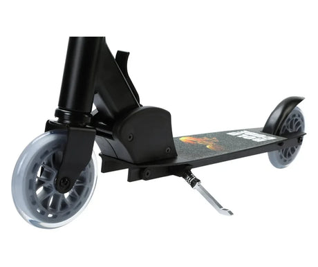 Boldcube Onyx Black scooter close up showing deck, front wheel and brake area