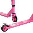 a detailed view of a pink Boldcube stunt scooter deck with camouflage pattern, rear brake, and pink wheels with black tyres