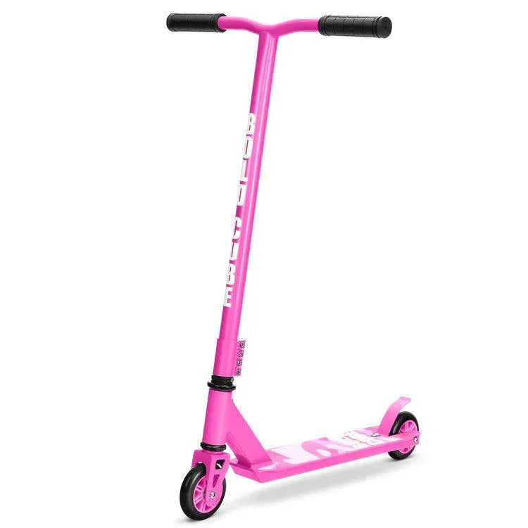 A pink Boldcube stunt scooter with a black T bar, black grips, and pink wheels.