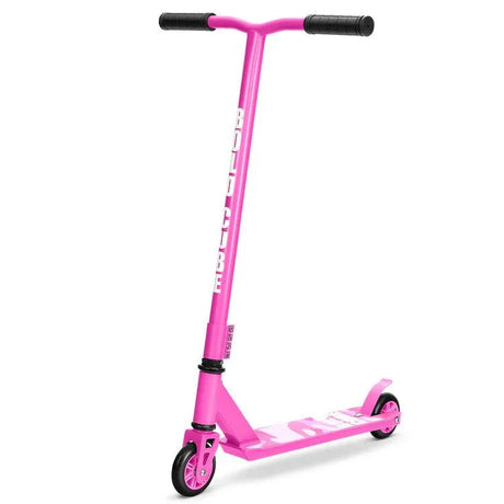 A pink Boldcube stunt scooter with a black T bar, black grips, and pink wheels.