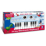 Boxed Bontempi 24 key blue keyboard showing demo song icons, light feature, and musical packaging design.
