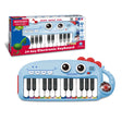 Bontempi blue 24 key keyboard displayed beside its retail box highlighting fun design and musical functions.