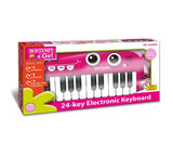 Boxed Bontempi 24 key pink dinosaur keyboard with light effect icon and fun musical packaging design.