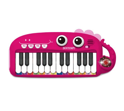 Bontempi pink 24 key electronic keyboard toy with smiling dinosaur design, light effects, and colourful note strip.
