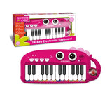 Bontempi 24 key pink dinosaur keyboard with its retail box, showing light effect icon and musical packaging.