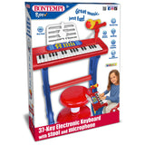 Boxed Bontempi 37 key electronic keyboard showing mic, stool, and stand with learning features on packaging.