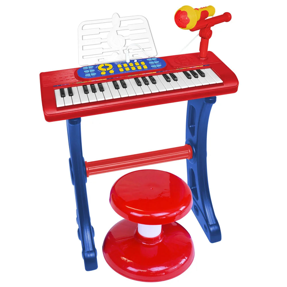 Bontempi 37 key electronic keyboard set with red stool, blue stand, yellow microphone, and white music stand.