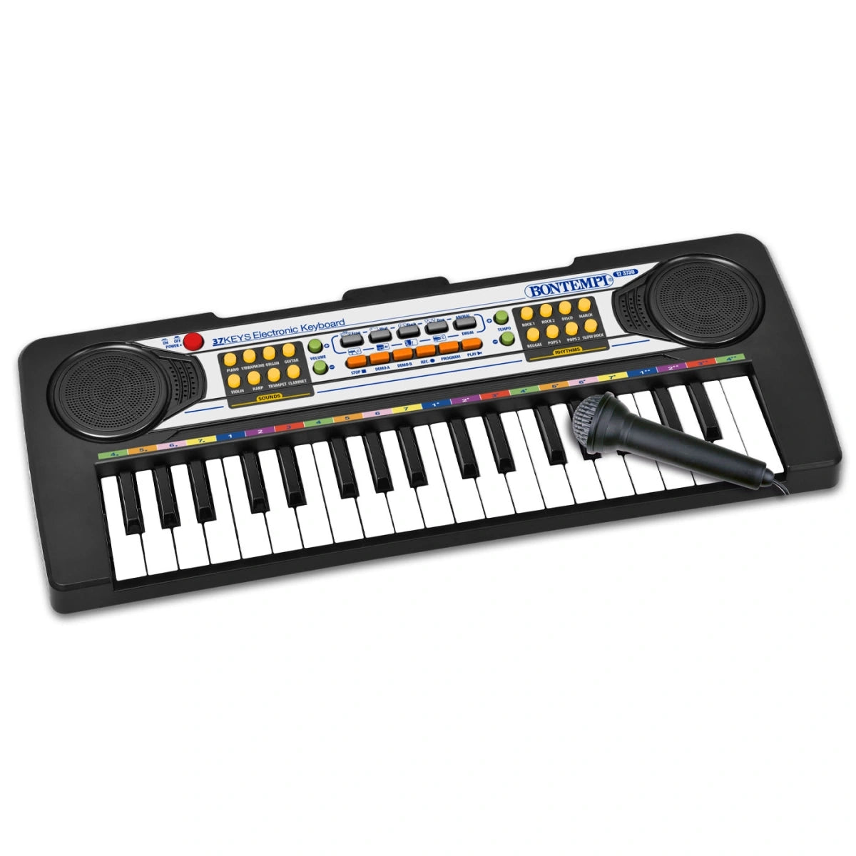 Bontempi 37 Key Electronic Keyboard with Microphone angled front view showing keys, speakers and control panel