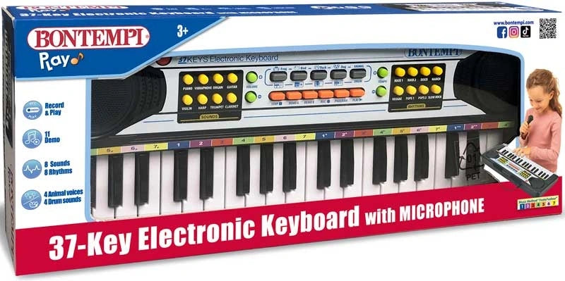 Bontempi 37 Key Electronic Keyboard with Microphone retail box front showing the black keyboard and microphone