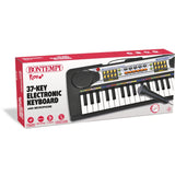 Bontempi 37 Key Electronic Keyboard with Microphone shown in retail packaging beside the keyboard