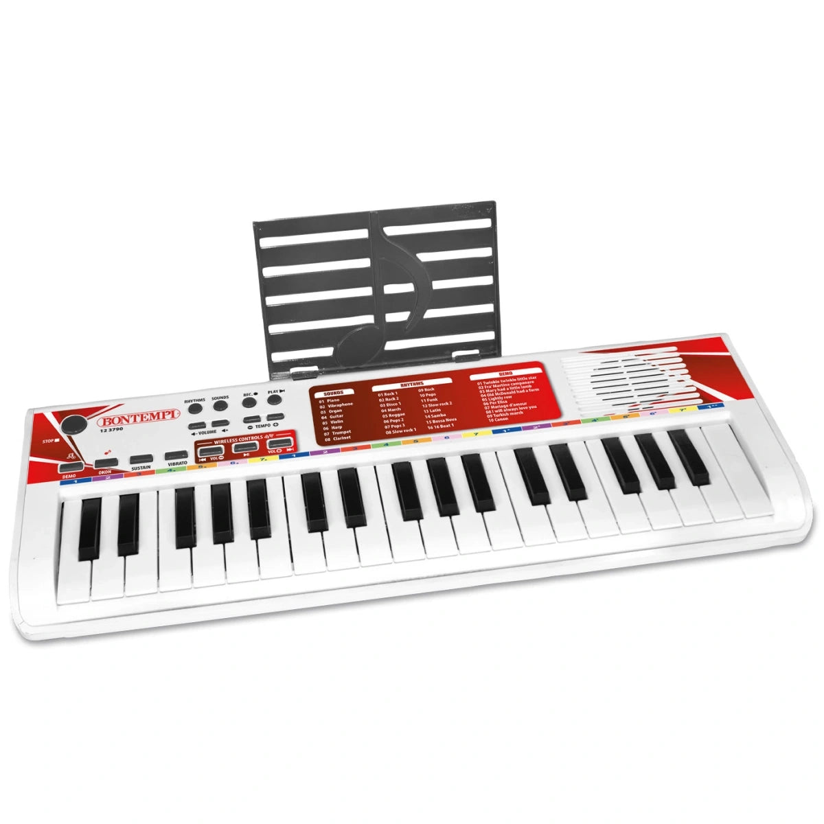 Bontempi 37 key electronic keyboard showing keys, controls and music stand
