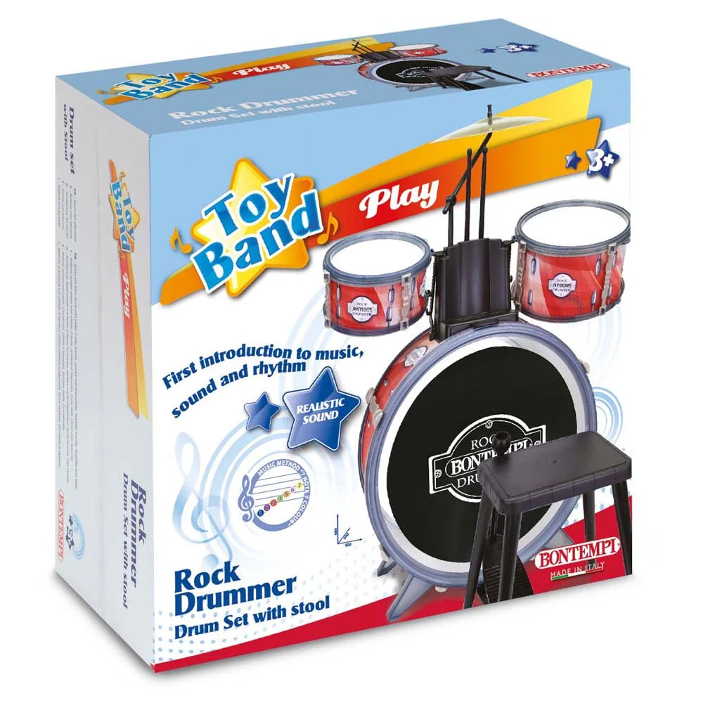 Retail packaging of Bontempi 4 Piece Drum Set showing Toy Band branding and product image