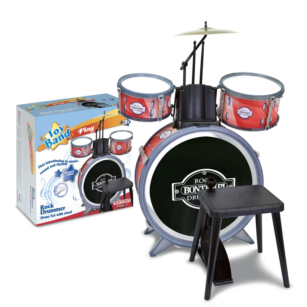 Bontempi 4 Piece Drum Set displayed beside its retail box with stool and cymbal included
