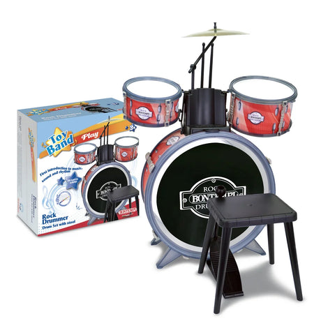 Bontempi 4 Piece Drum Set displayed beside its retail box with stool and cymbal included