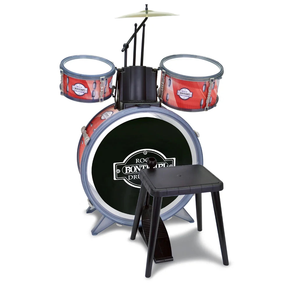 Bontempi 4 Piece Drum Set toy with red drums, black stool, and cymbal on white background