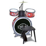 Bontempi 4 Piece Drum Set toy with red drums, black stool, and cymbal on white background
