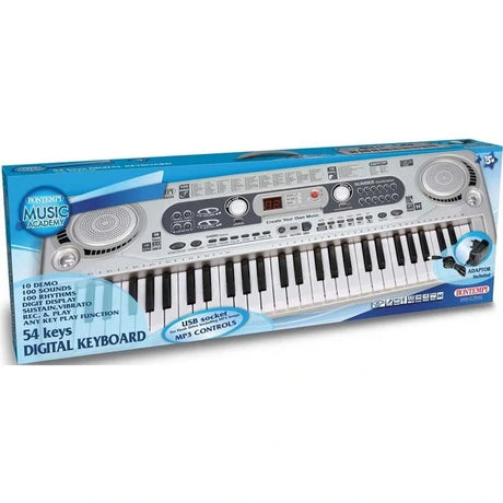 Bontempi 54 Key Digital Keyboard retail box showing the 54 key keyboard and product features