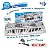 Bontempi 54 Key Digital Keyboard feature graphic showing 100 sounds, 100 rhythms, USB MP3 playback and mains adapter