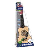 Boxed Bontempi 55cm wooden guitar showing tunable strings, wooden body, and music learning features.